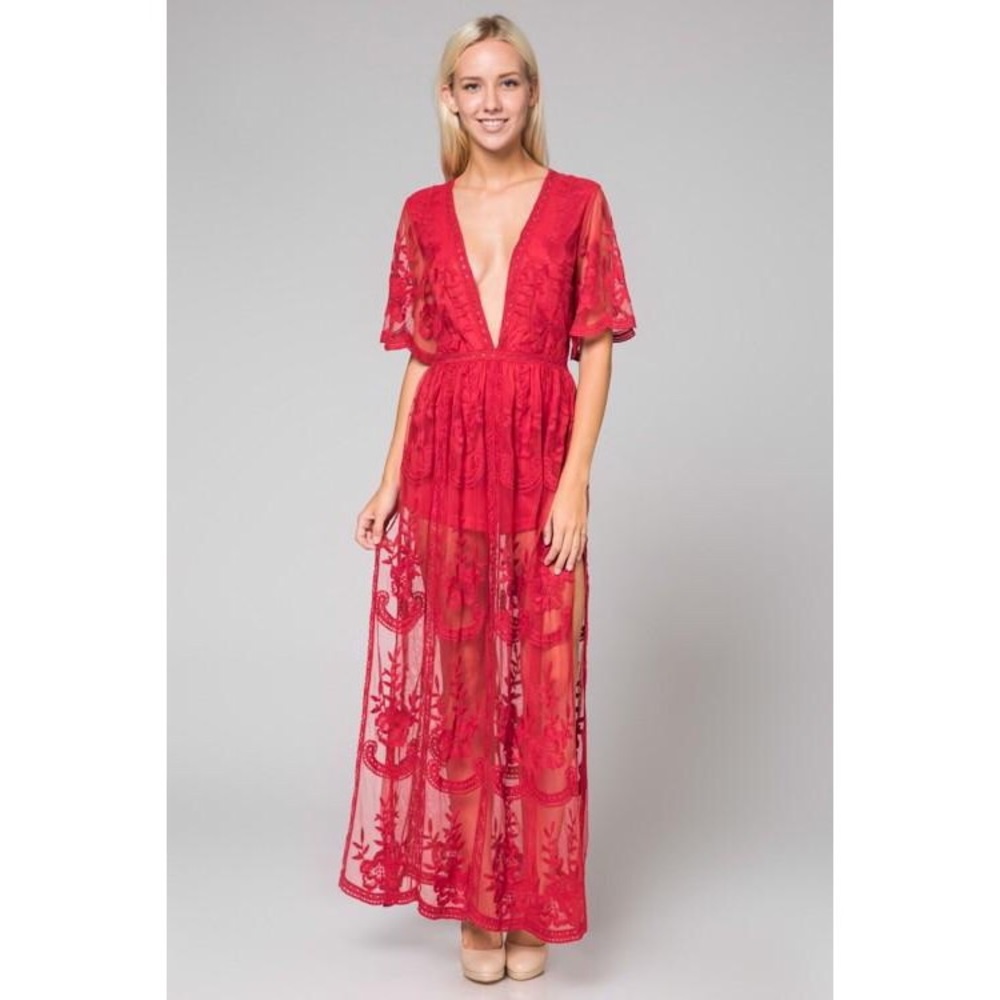 Necessary Clothing Honey Punch Red Lace Romper